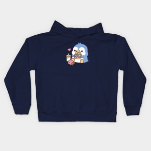 Cute Blue Penguin Eating Fish Burger Kids Hoodie